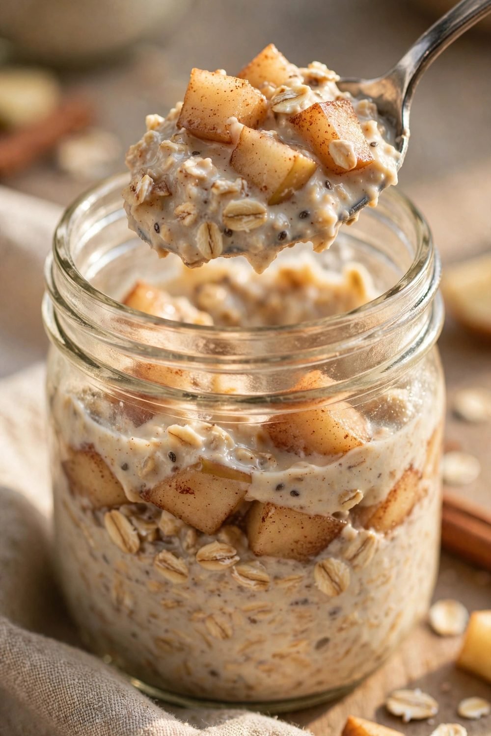 Spoon lifting creamy apple pie overnight oats with cinnamon apple pieces