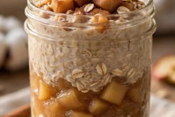 Apple pie overnight oats in a glass jar with apple layers and cinnamon apple topping