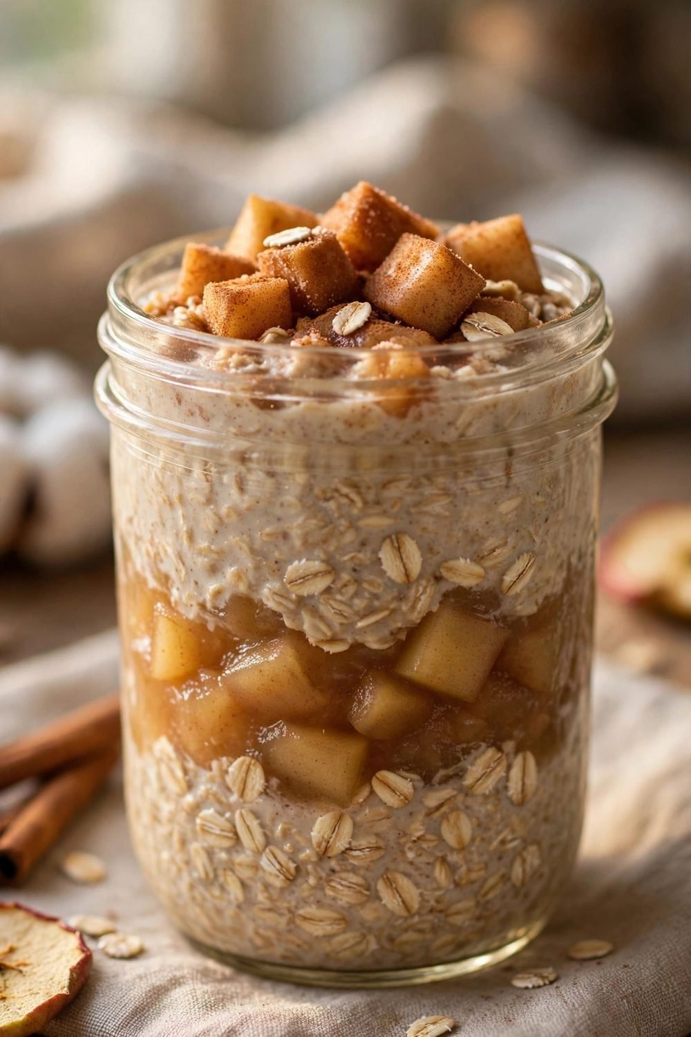 Apple pie overnight oats in a glass jar with apple layers and cinnamon apple topping