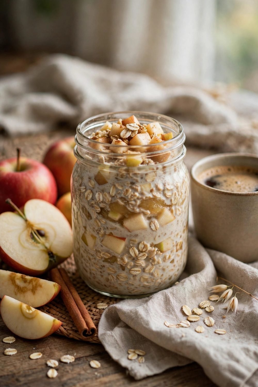Jar of apple pie overnight oats on a breakfast table with apples and coffee
