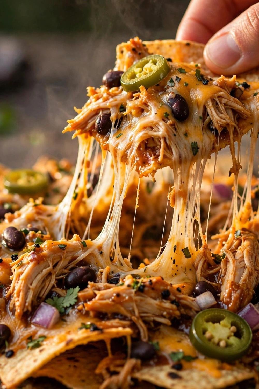 Cheesy BBQ chicken nacho being lifted with a cheese pull