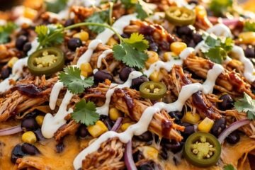 Platter of loaded BBQ chicken nachos with cheese and jalapenos