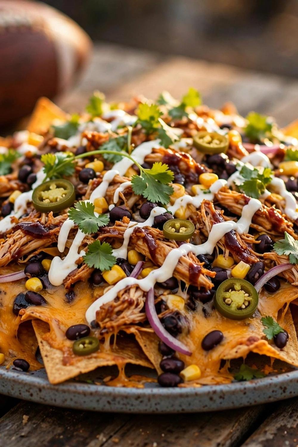 Platter of loaded BBQ chicken nachos with cheese and jalapenos