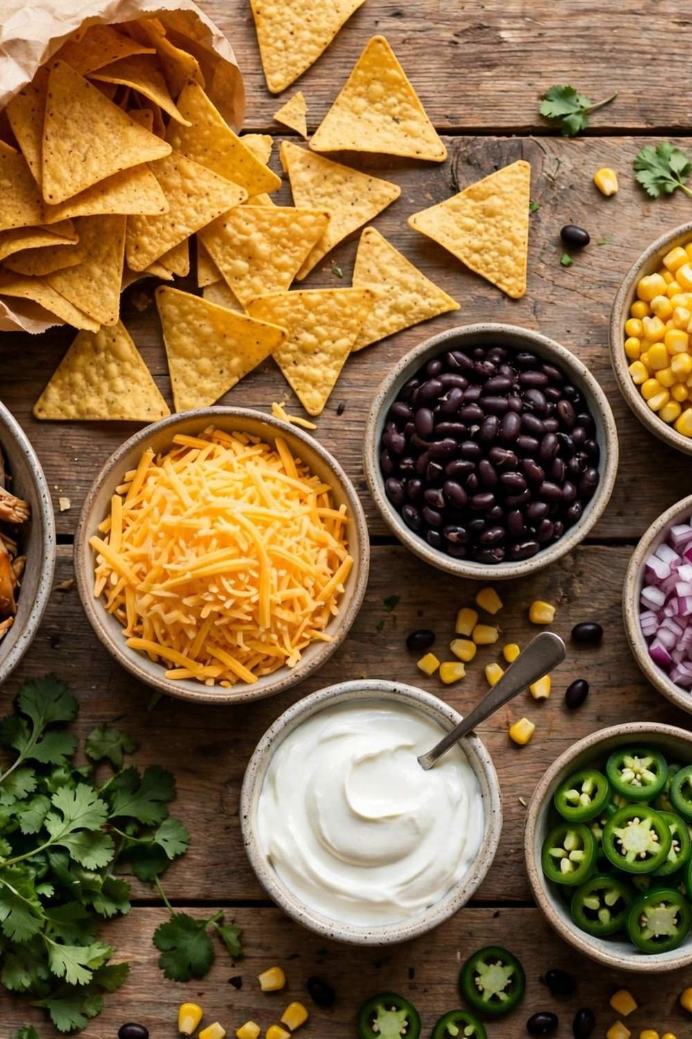BBQ chicken nachos ingredients on a wooden table
