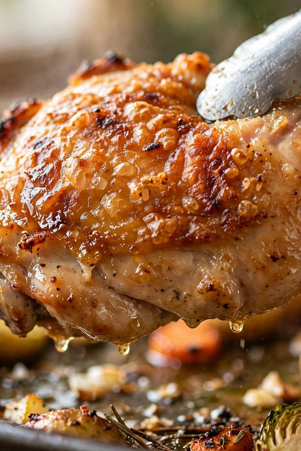 Close-up of a crispy golden chicken thigh being lifted with tongs
