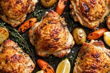 Golden crispy baked chicken thighs on a sheet pan with roasted vegetables