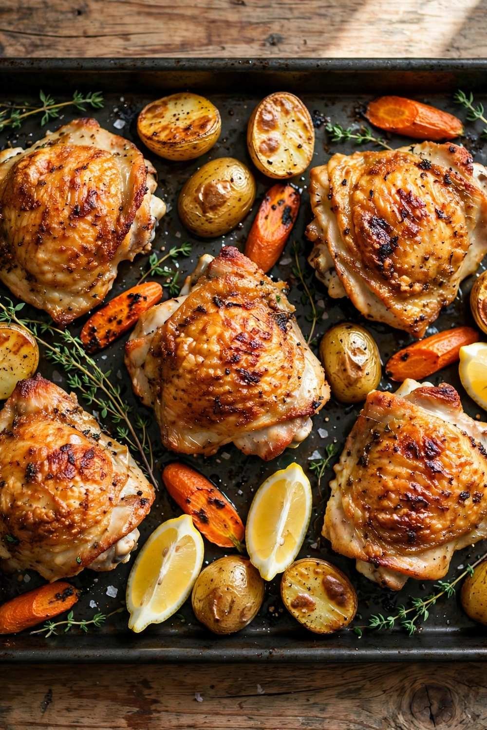 Golden crispy baked chicken thighs on a sheet pan with roasted vegetables