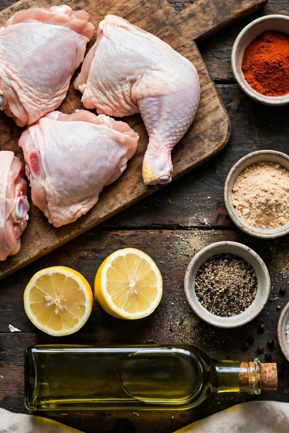 Ingredients for crispy baked chicken thighs on a wooden table