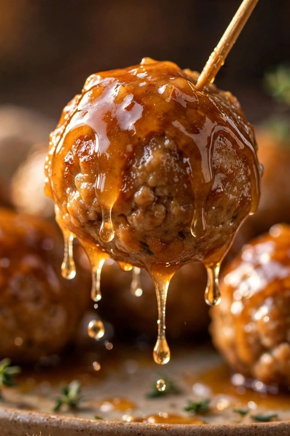 Glazed apple cider chicken meatball on a toothpick