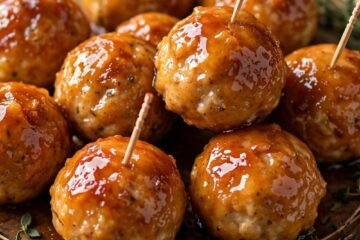 Apple cider glazed chicken meatballs on a wooden platter