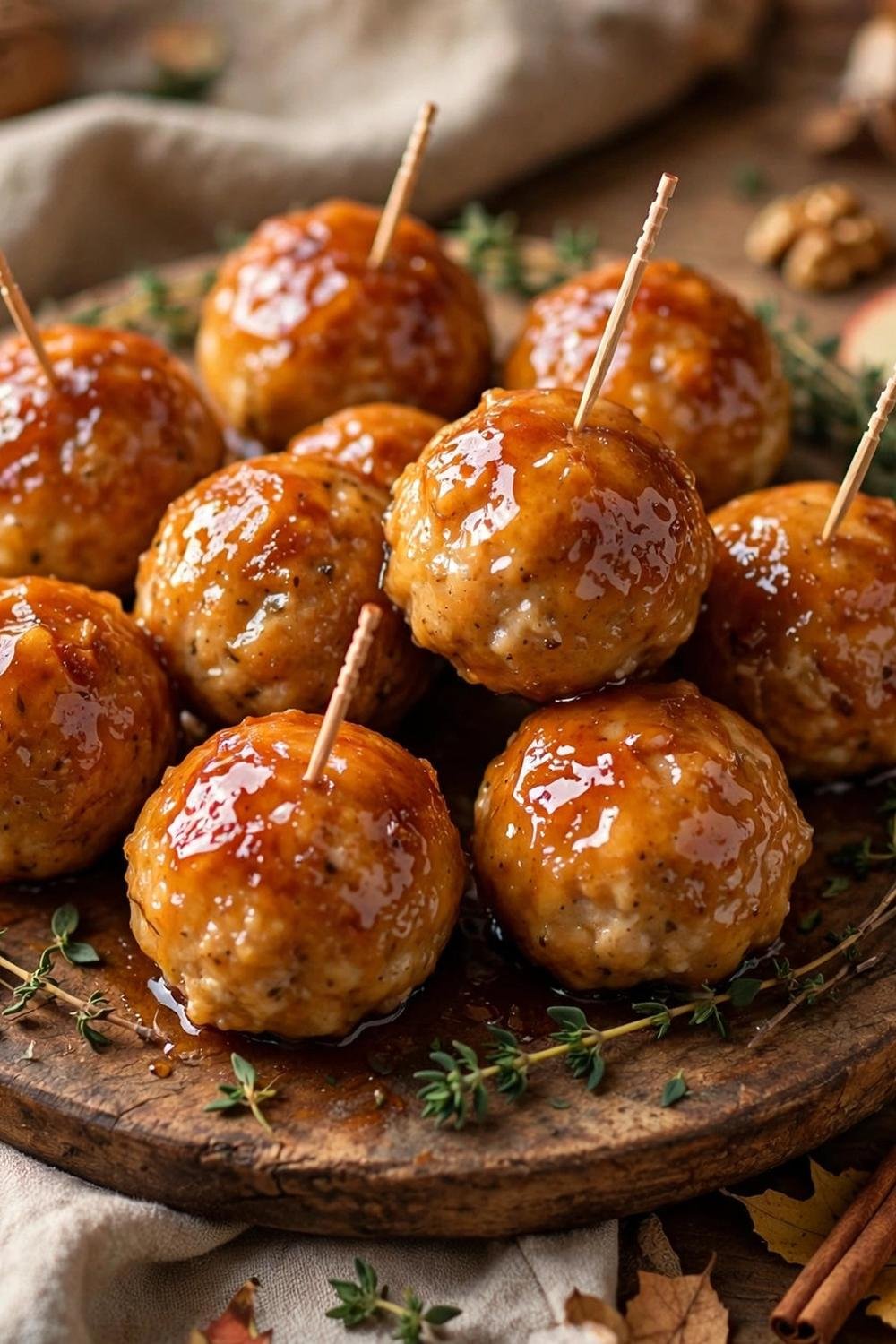 Apple cider glazed chicken meatballs on a wooden platter
