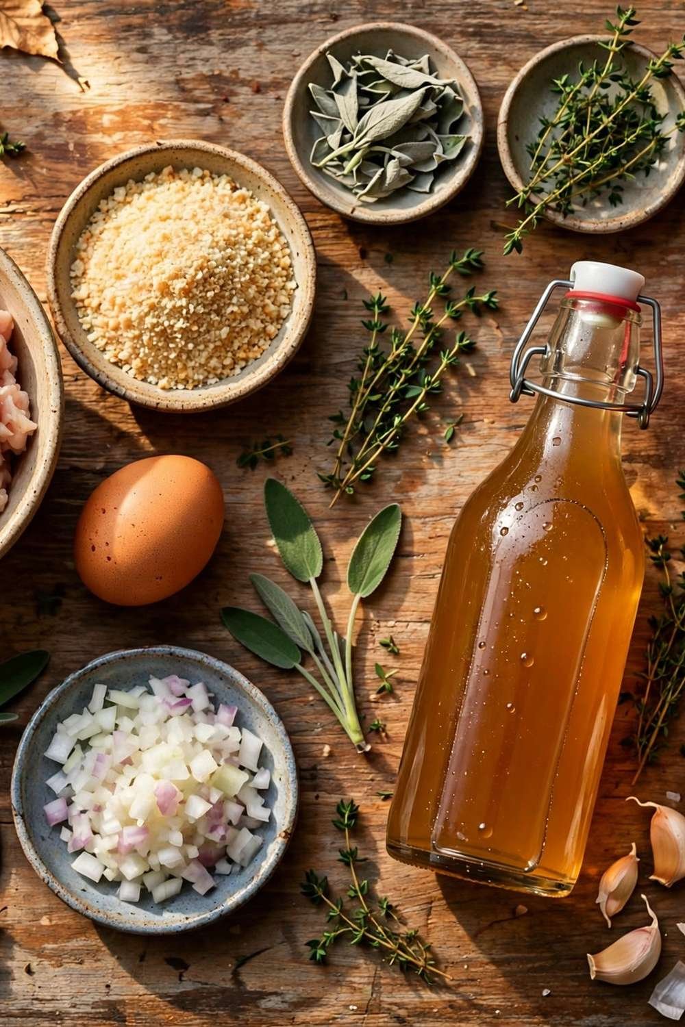 Apple cider chicken meatballs ingredients on a wooden table