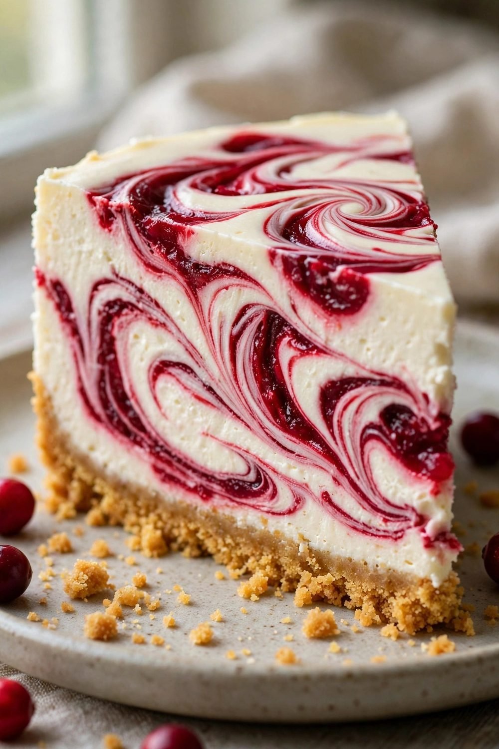 Close up of a cranberry swirl cheesecake slice with creamy filling and crumb crust
