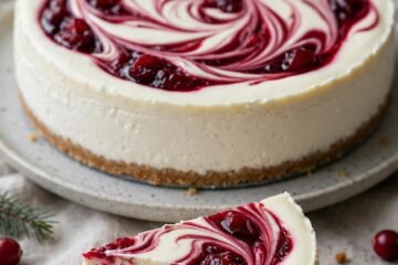 Cranberry swirl no-bake cheesecake with red swirls and a cut slice in front