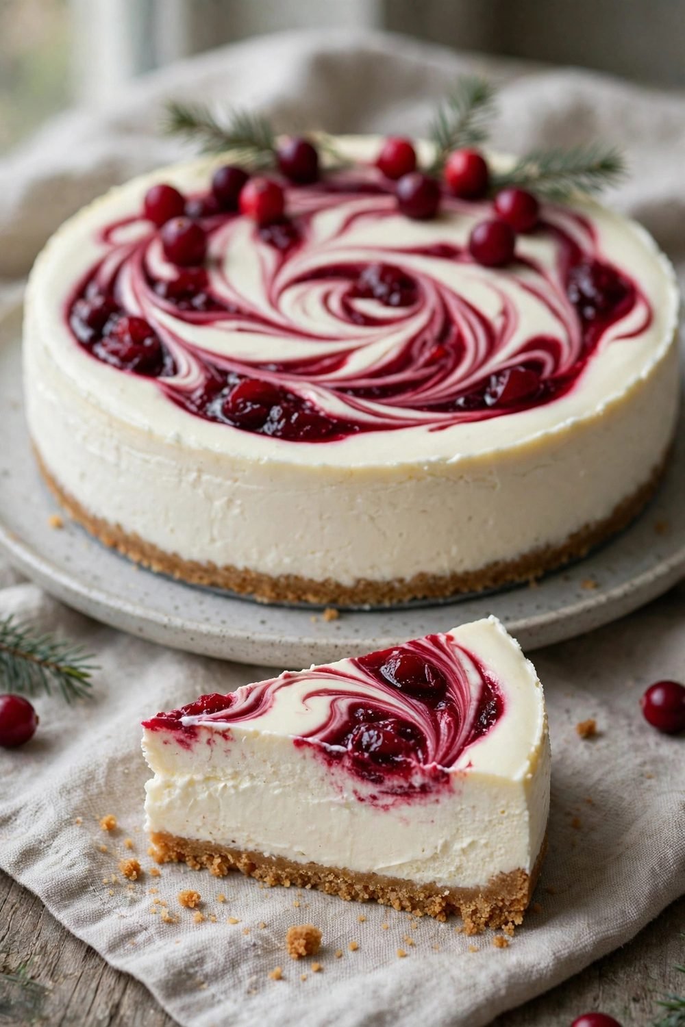 Cranberry swirl no-bake cheesecake with red swirls and a cut slice in front