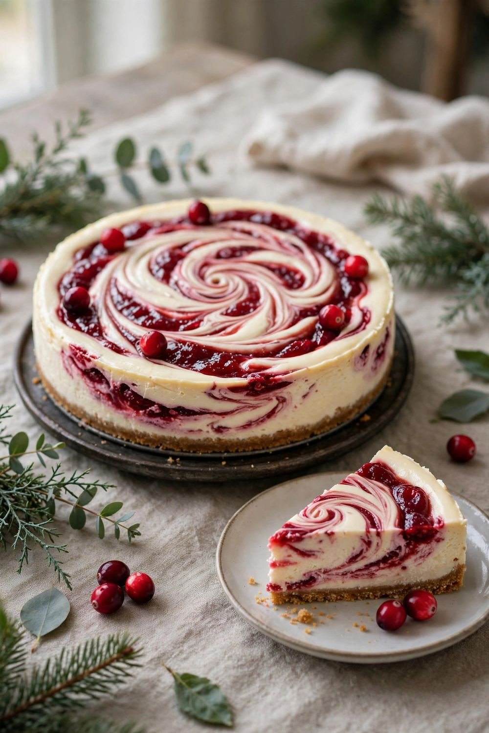 Cranberry swirl cheesecake on a holiday table with a served slice and festive greenery