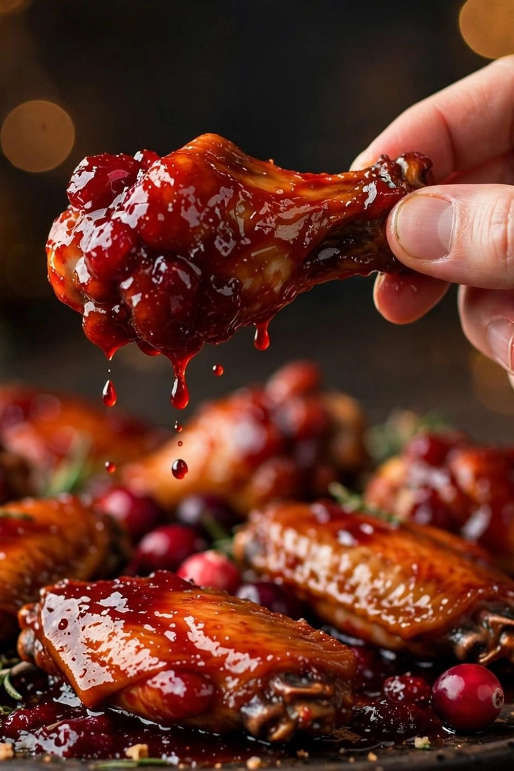 Hand holding a glossy cranberry glazed chicken wing