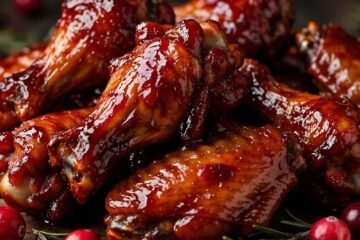 Cranberry glazed chicken wings on a wooden platter with rosemary
