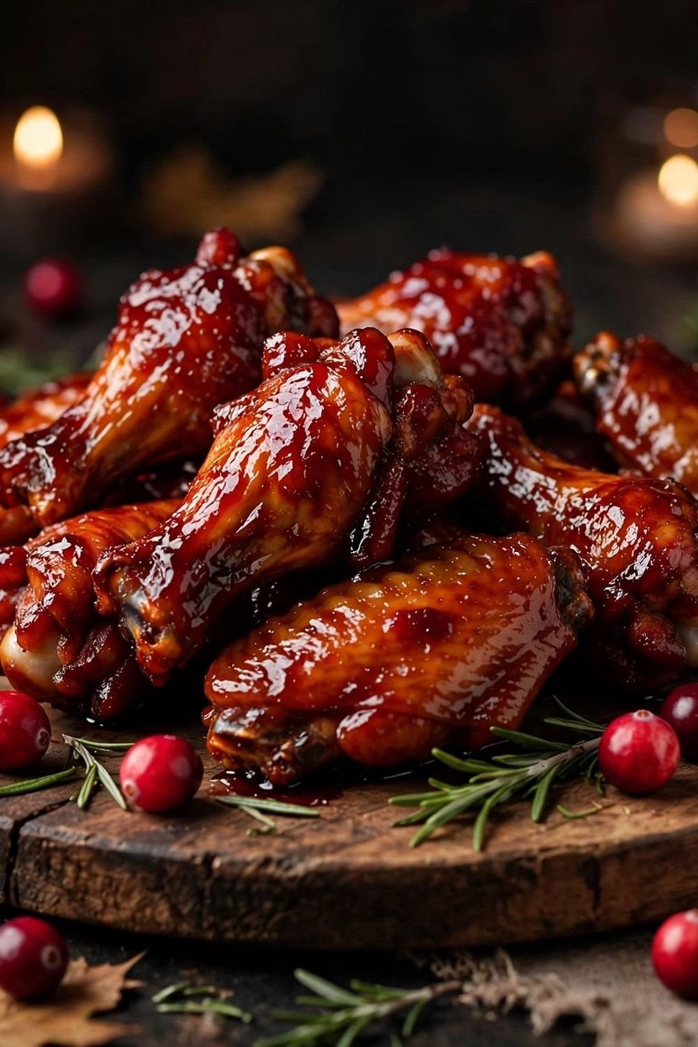 Cranberry glazed chicken wings on a wooden platter with rosemary