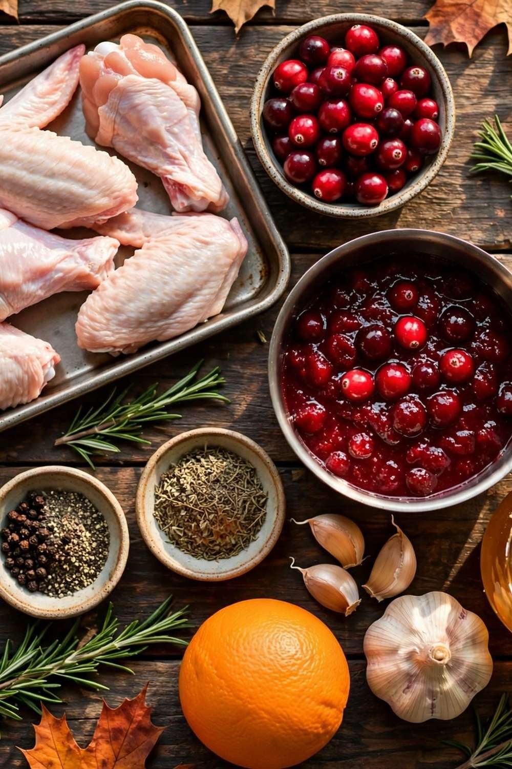 Cranberry chicken wings ingredients with cranberries and rosemary
