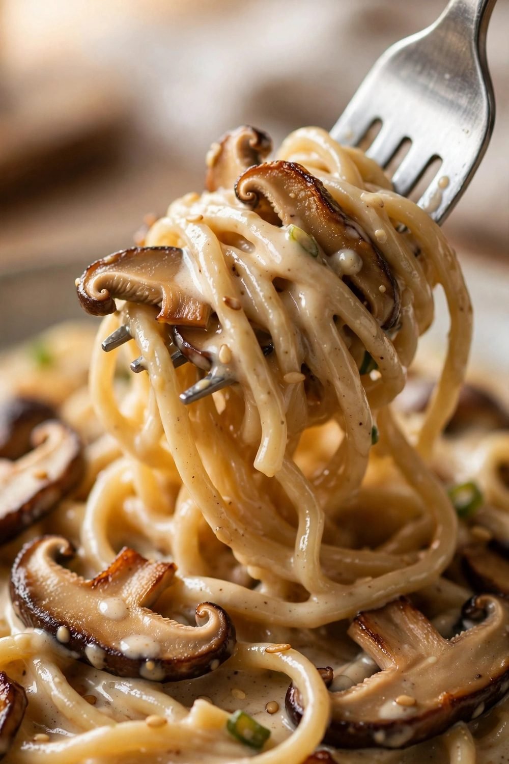 Fork twirling glossy creamy miso noodles with browned mushrooms
