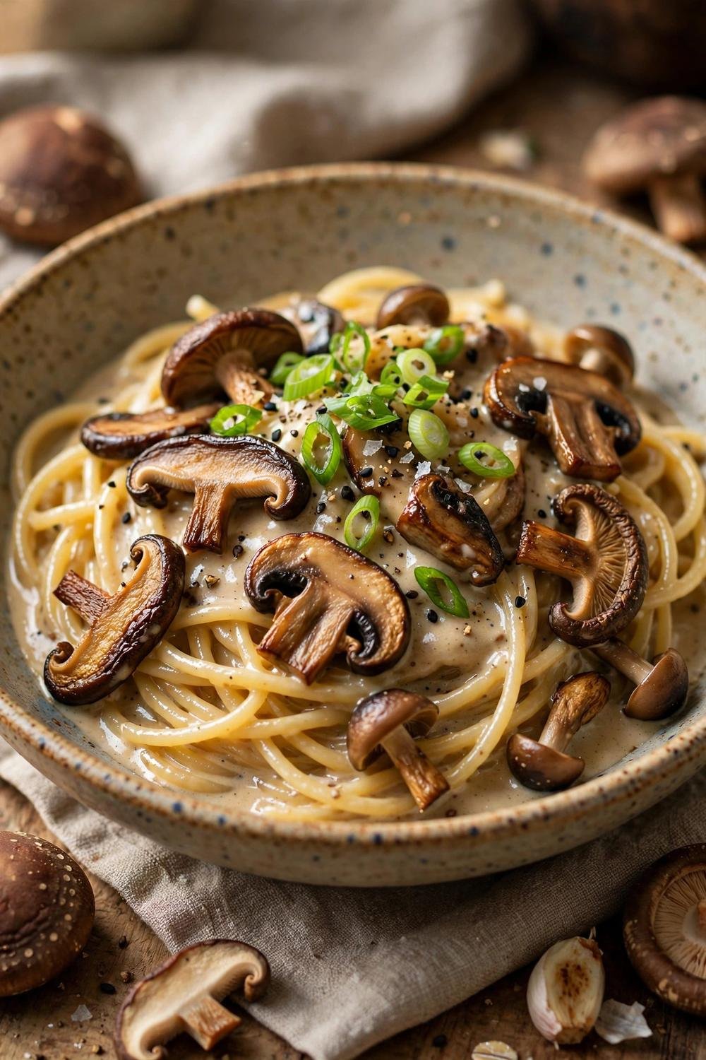 Creamy miso mushroom pasta in a shallow bowl with browned mushrooms and green onions