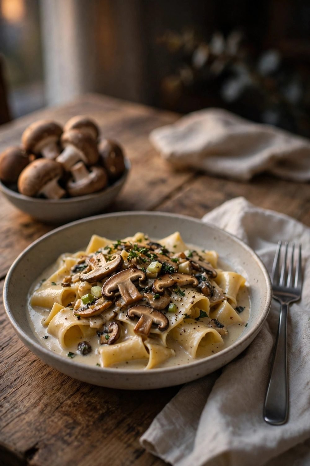 Bowl of creamy miso mushroom pasta on a cozy dinner table with fresh mushrooms