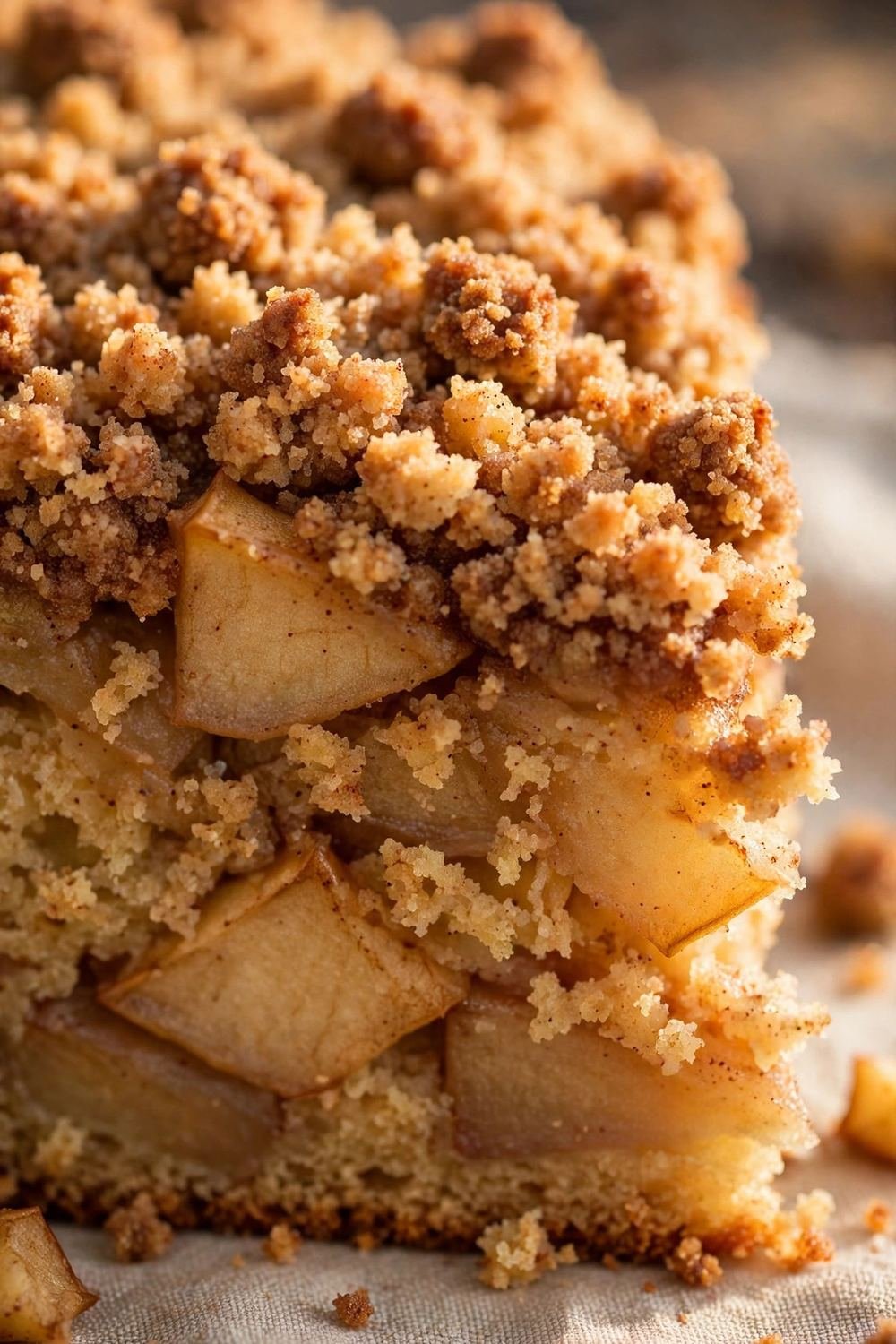 Close up of cinnamon crumble topping and tender apple pieces on Dutch apple cake