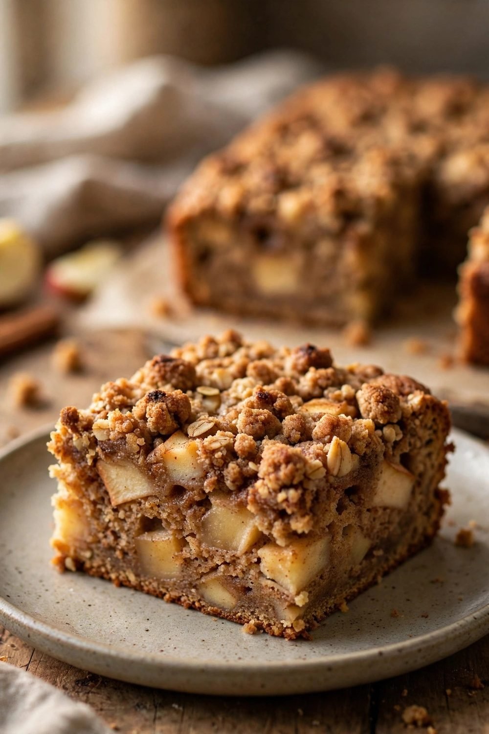 Thick square slice of Dutch apple cake with apple pieces and cinnamon crumble topping