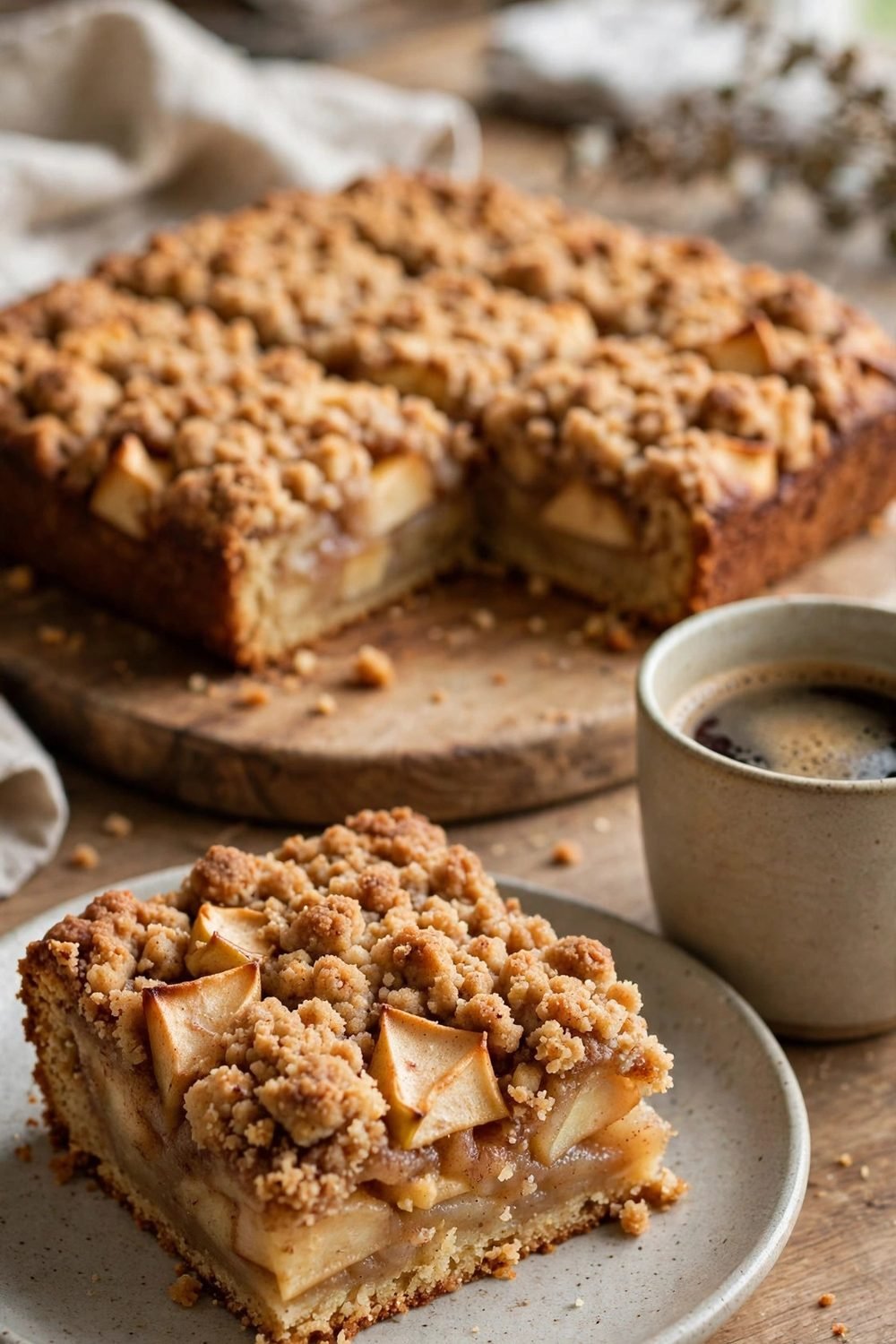 Slice of Dutch apple cake on a plate with coffee and the remaining cake behind