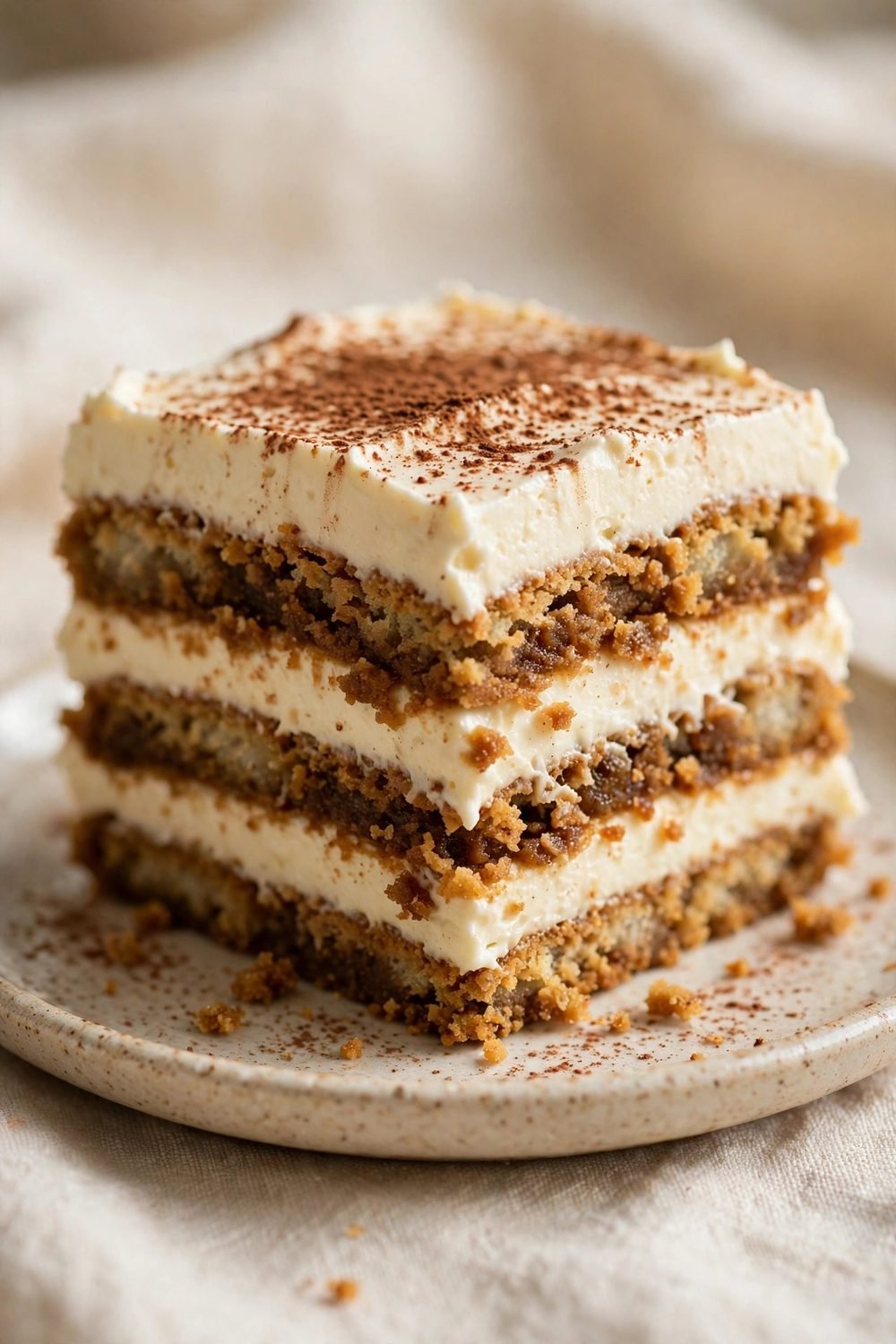 Close up of a gingerbread tiramisu portion showing cookie and mascarpone layers with cocoa dusting