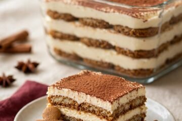 Gingerbread tiramisu in a glass dish with layered cookies and mascarpone and a served portion in front