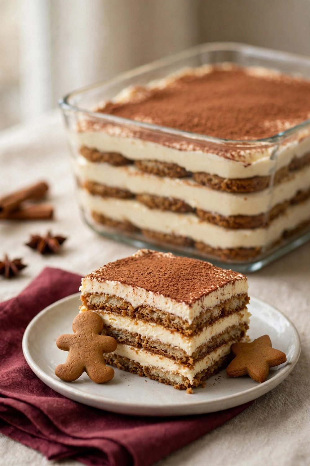 Gingerbread tiramisu in a glass dish with layered cookies and mascarpone and a served portion in front