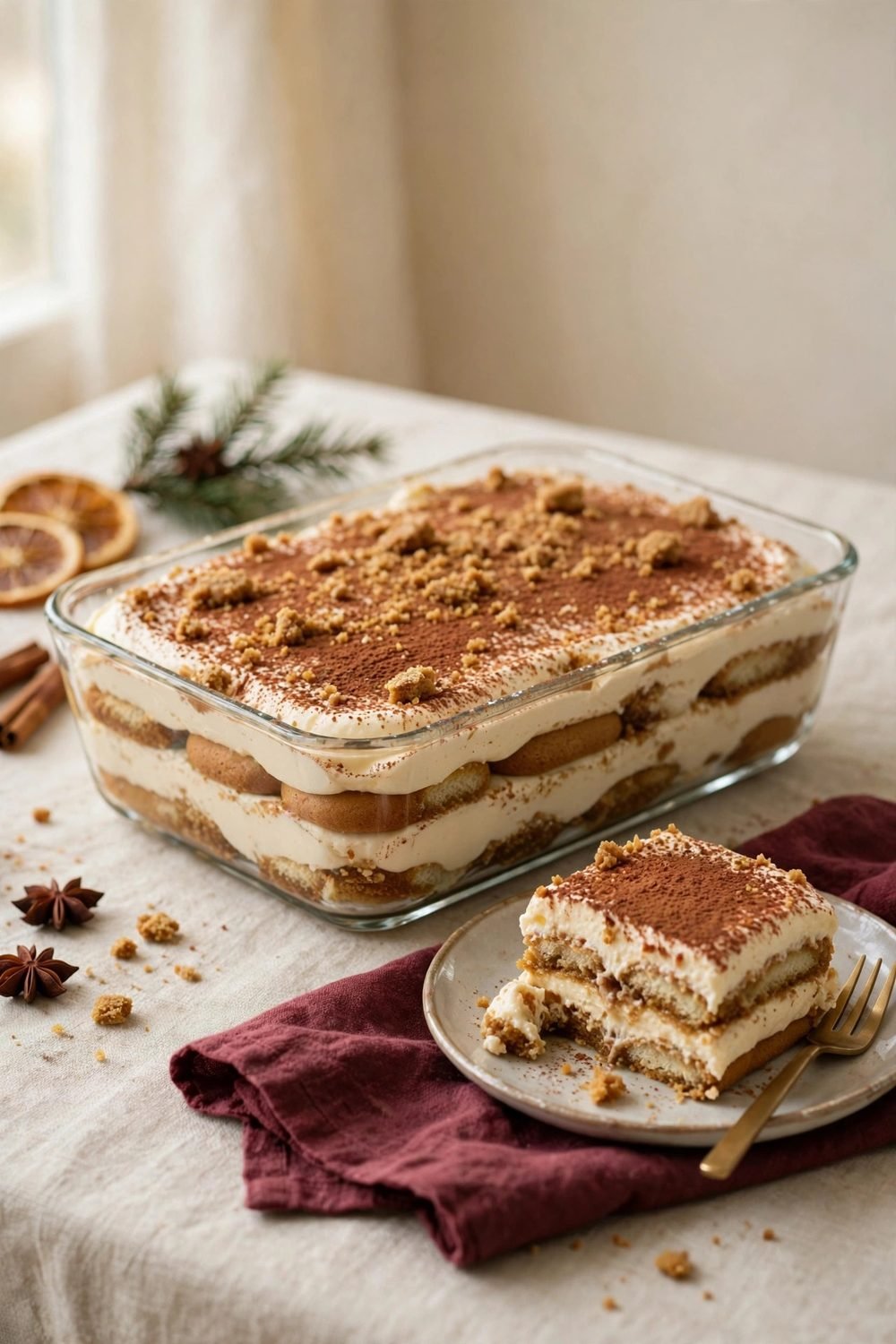 Gingerbread tiramisu dish on a holiday table with a served portion and burgundy napkin