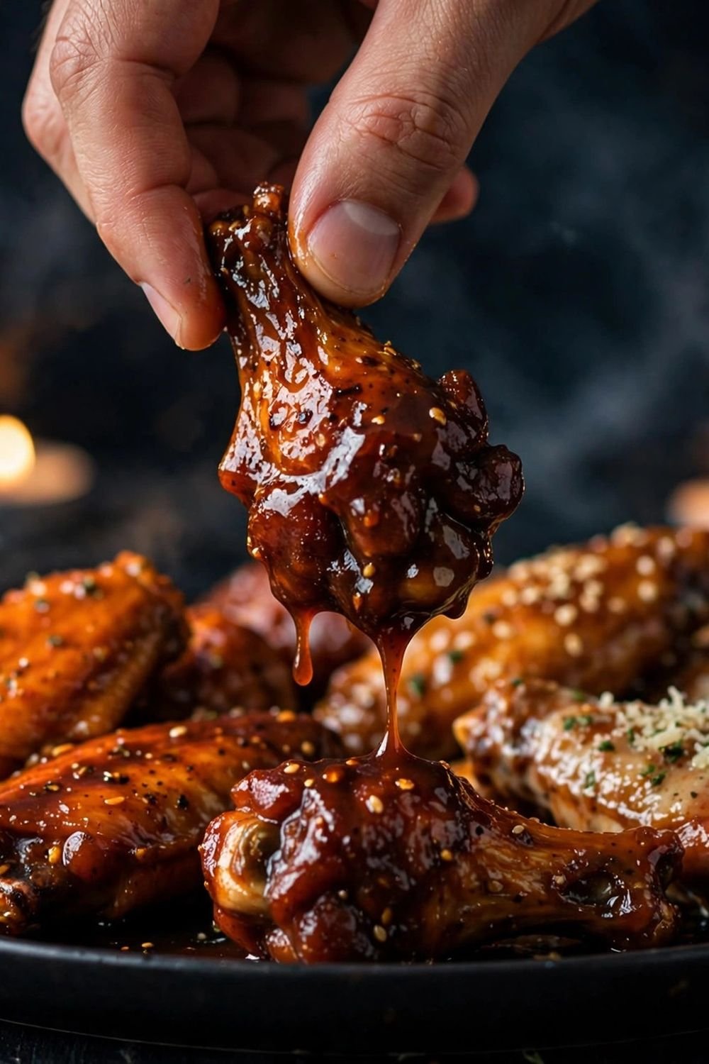 Hand picking up a glazed BBQ chicken wing from a party platter