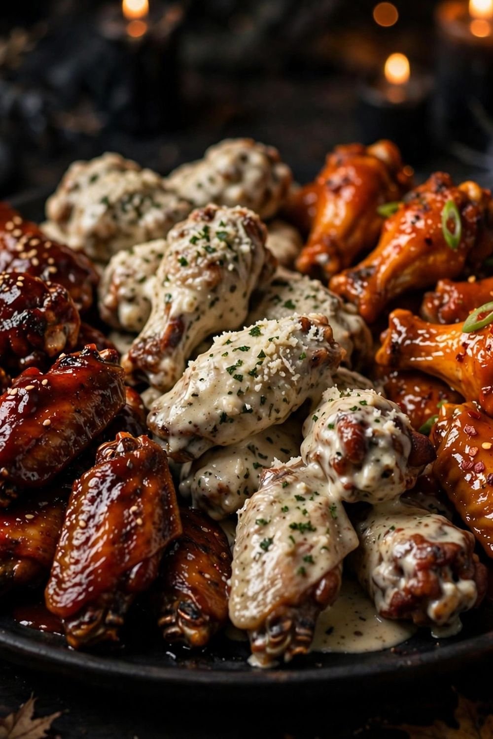 Platter of Halloween party chicken wings in three sauces