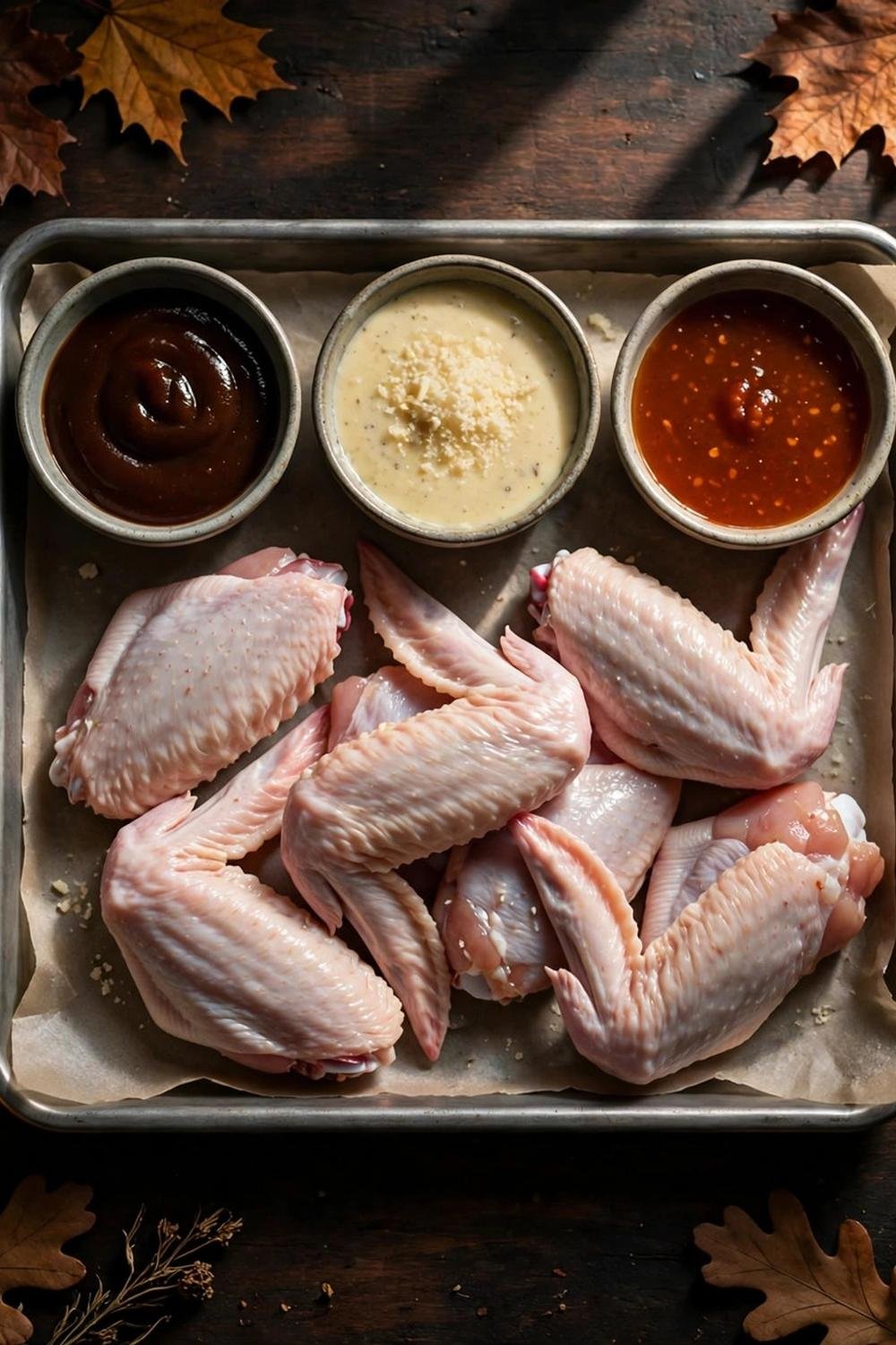 Halloween chicken wings ingredients with sauces and pumpkins