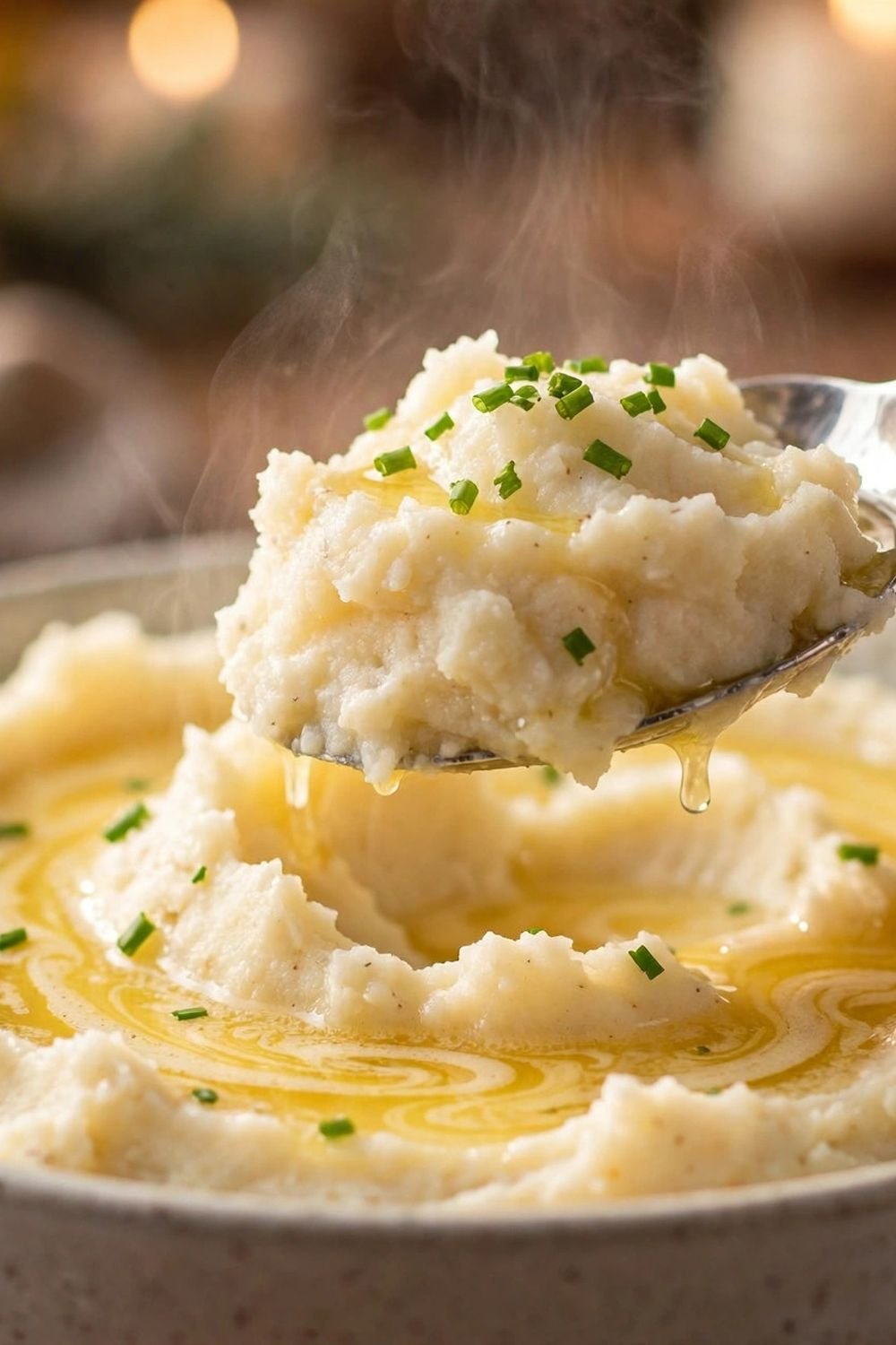 Spoon scooping creamy garlic mashed potatoes