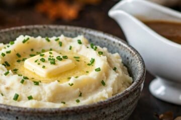 Creamy garlic mashed potatoes with melting butter and chives