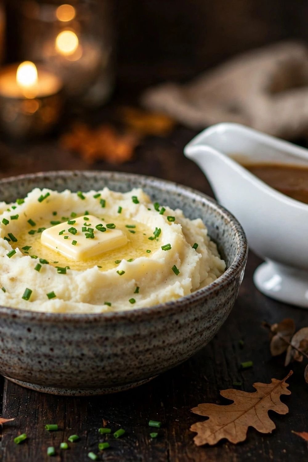 Creamy garlic mashed potatoes with melting butter and chives