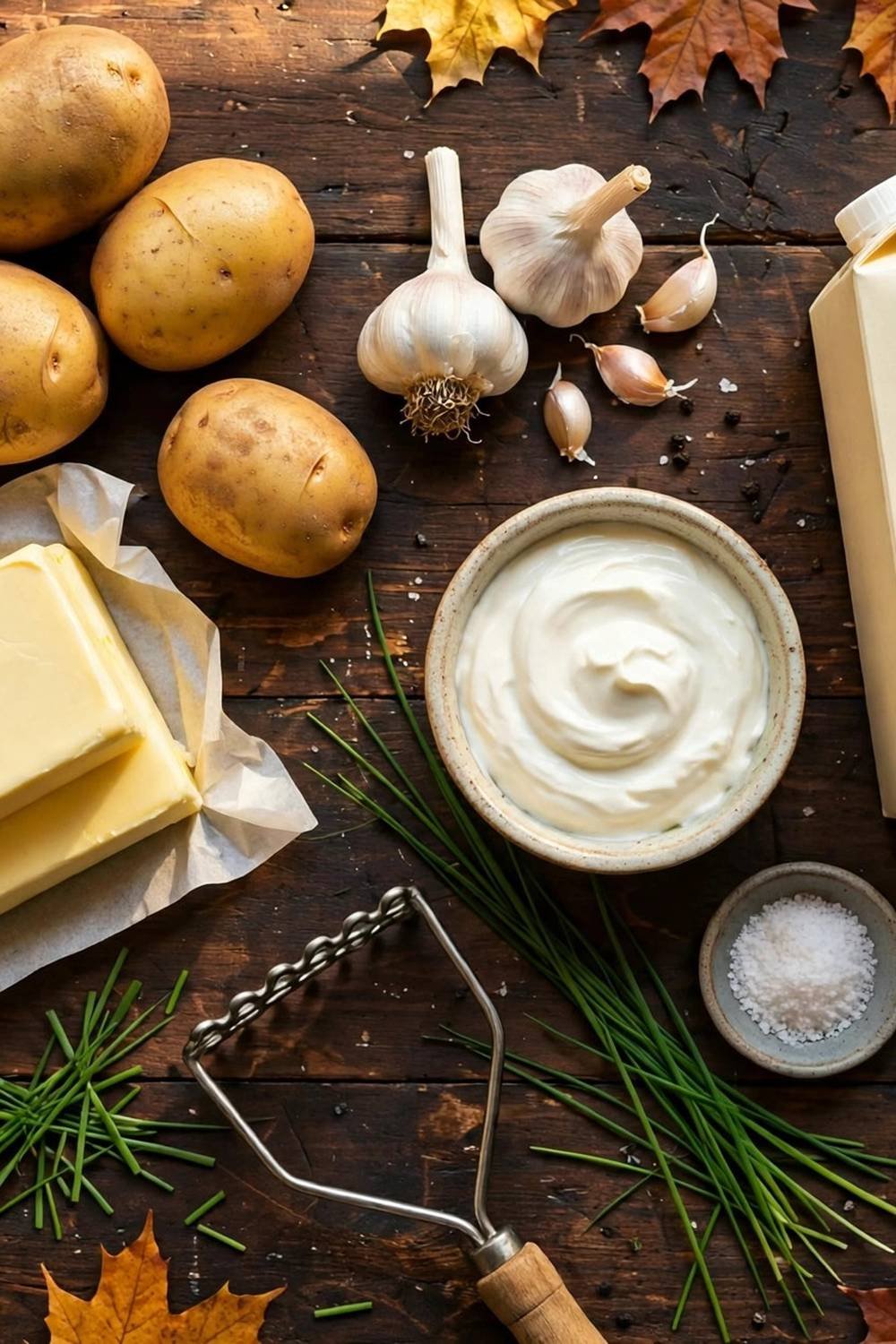 Garlic mashed potatoes ingredients on a wooden table