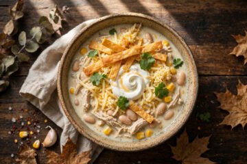 Creamy crockpot white chicken chili in a bowl with toppings
