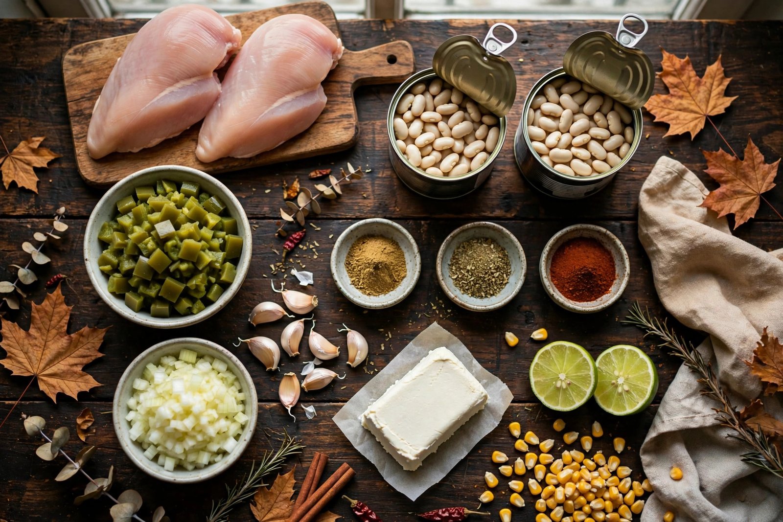 White chicken chili ingredients laid out on a wooden table