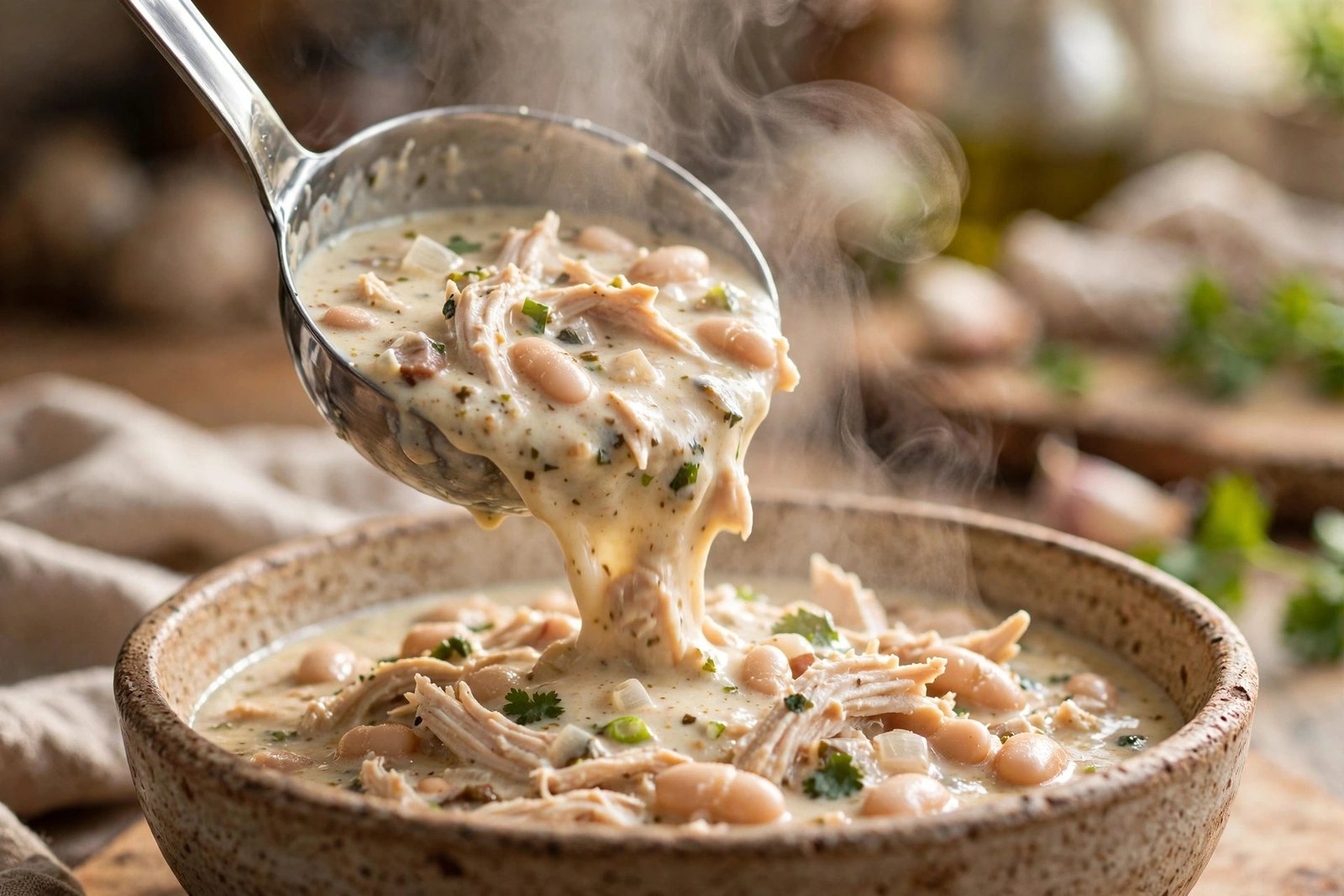 Ladle pouring creamy white chicken chili into a bowl