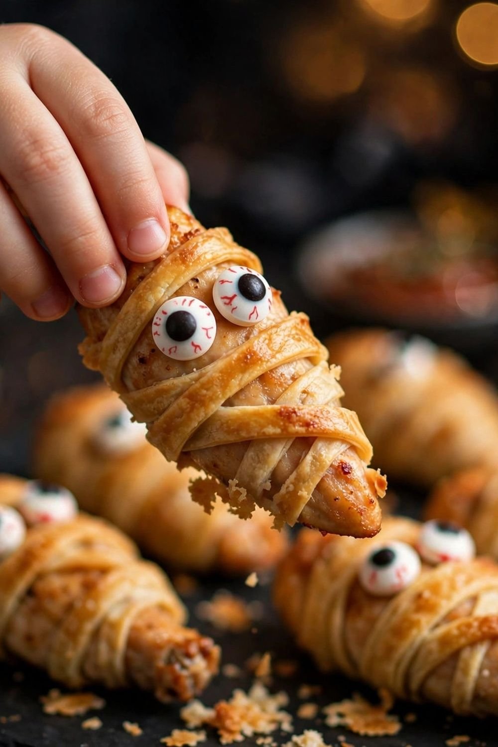 Child picking up a mummy wrapped chicken tender