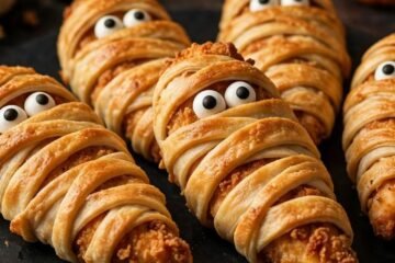 Mummy wrapped chicken tenders with candy eyes on a black platter