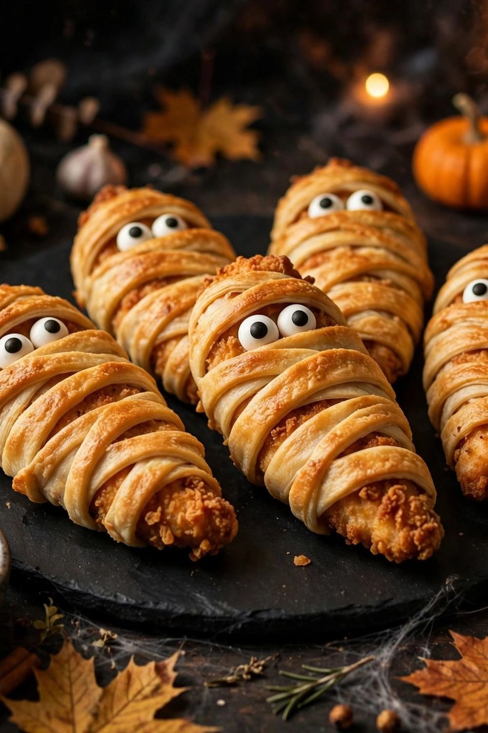 Mummy wrapped chicken tenders with candy eyes on a black platter