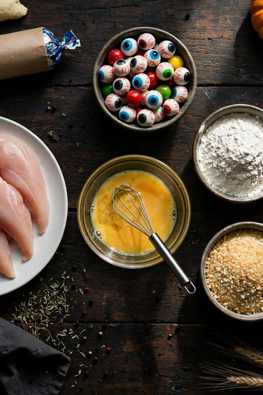 Mummy chicken tenders ingredients with crescent dough and candy eyes