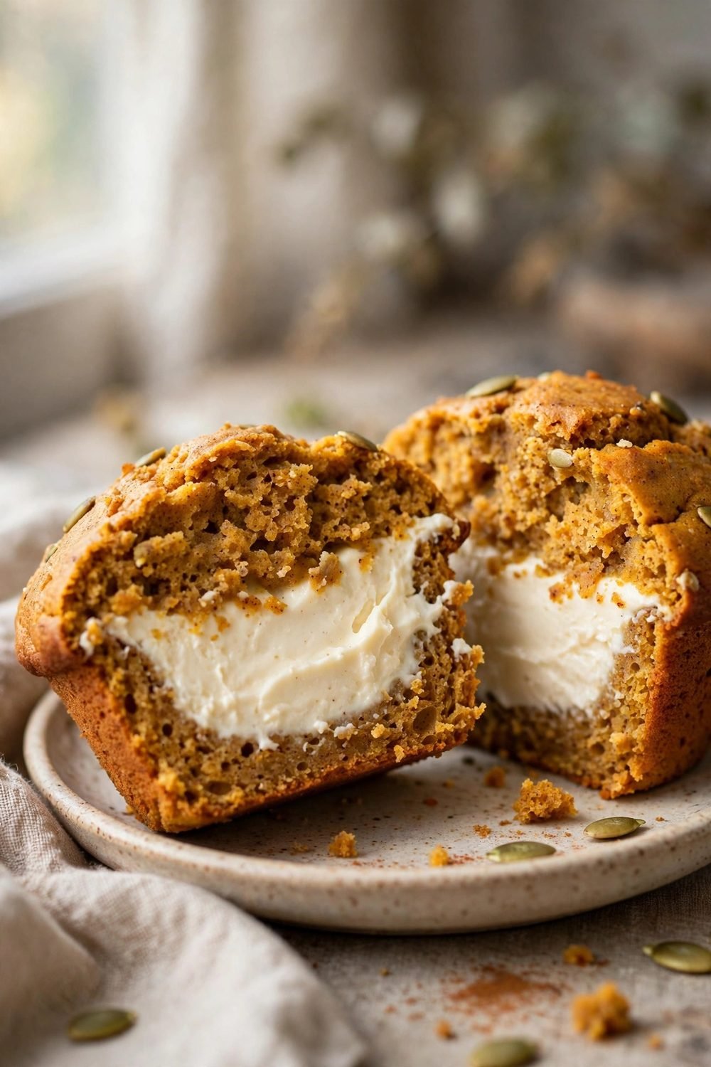 Pumpkin cream cheese muffin cut in half showing the creamy center
