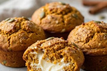 Pumpkin cream cheese muffins with golden spiced tops on a ceramic plate
